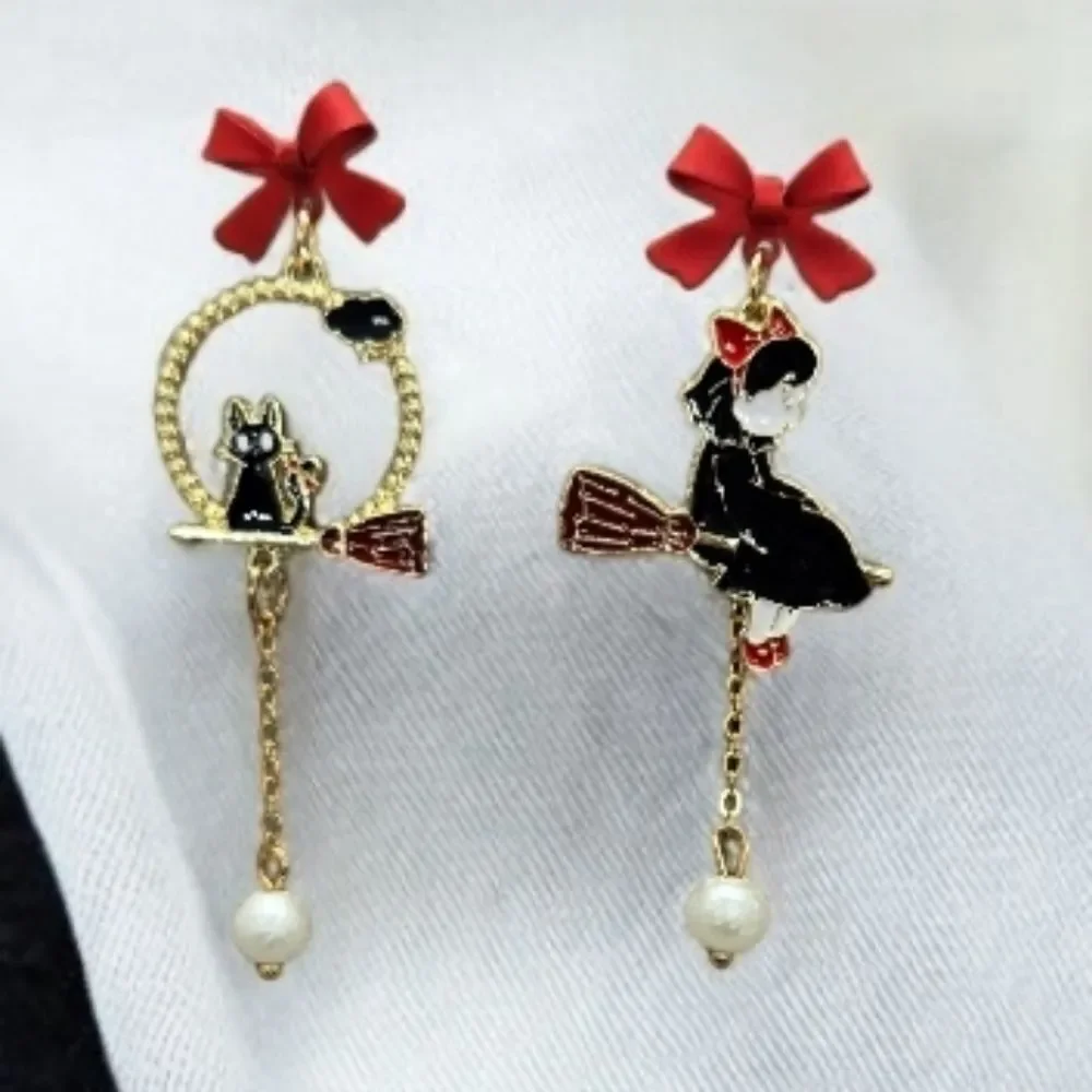 Kiki’s Delivery Service Cute Pearl Earrings Jiji Black Cat Witch Broom Red Bows